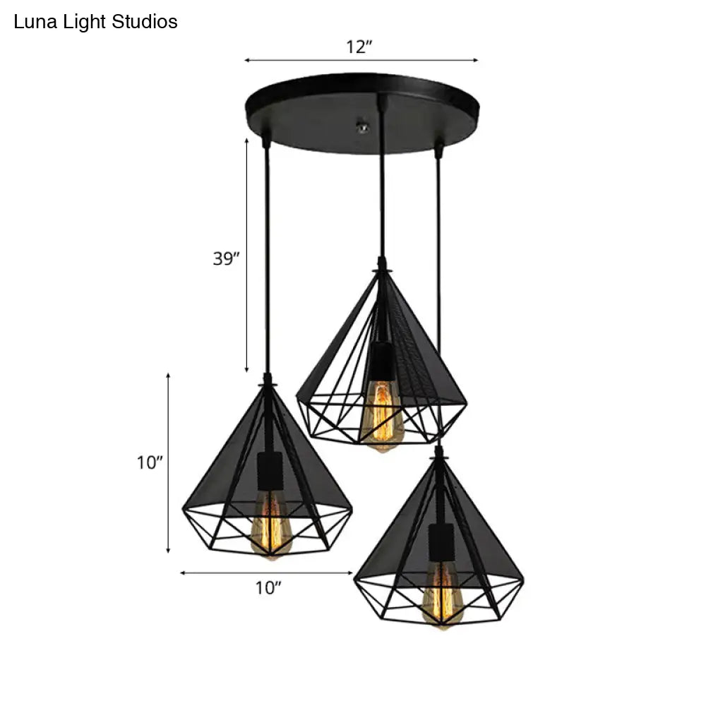 Retro-Style Black Diamond Hanging Light With 3 Metallic Heads - Dining Room Pendant Lighting