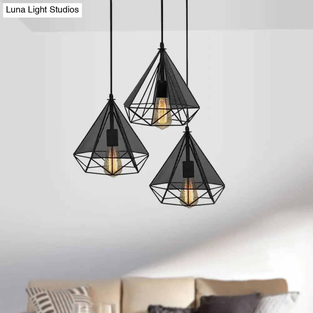 Retro Style Black Diamond Cage Pendant Light With 3 Metallic Heads For Dining Rooms - Round/Linear