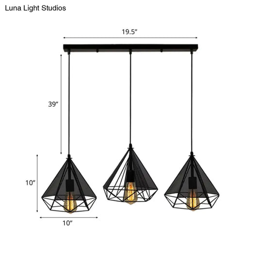 Retro-Style Black Diamond Hanging Light With 3 Metallic Heads - Dining Room Pendant Lighting