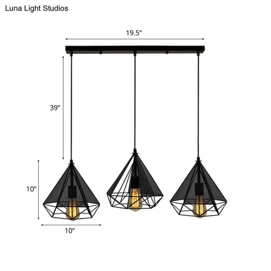Retro Style Black Diamond Cage Pendant Light With 3 Metallic Heads For Dining Rooms - Round/Linear