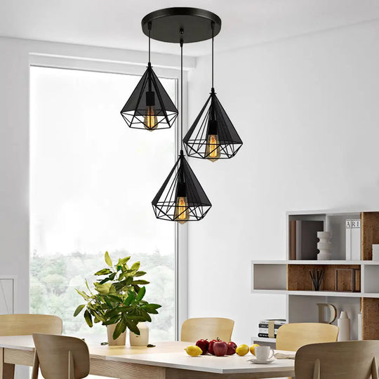 Retro-Style Black Diamond Hanging Light With 3 Metallic Heads - Dining Room Pendant Lighting / Round