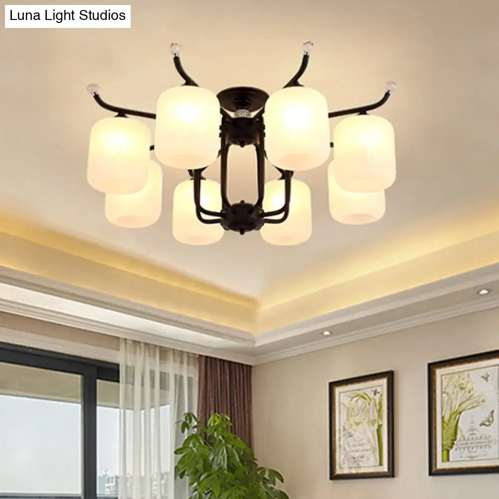 Retro Style Black Glass Chandelier With Cylindrical Cream Shade - 6/8 Heads Suspension Pendant