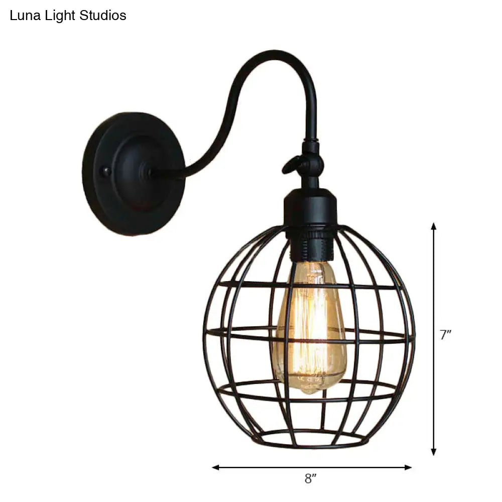 Retro Style Black Globe Wall Mount Light With Gooseneck Arm - Bedroom Mini Lamp