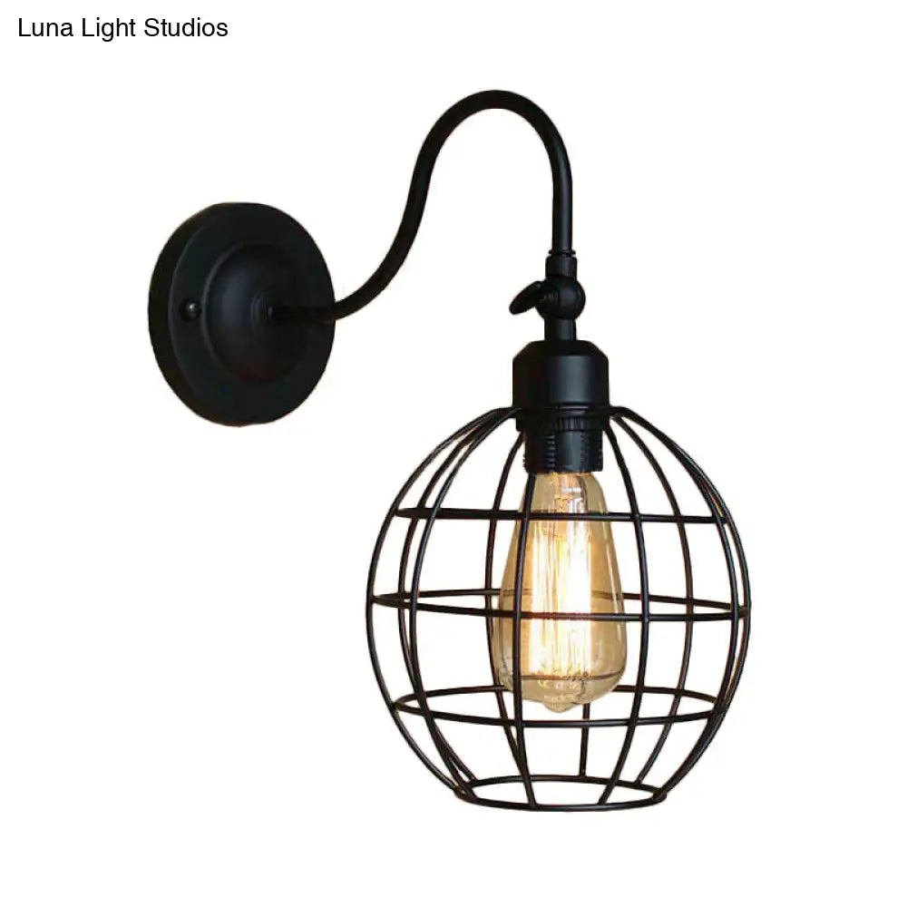 Retro Style Black Globe Wall Mount Light With Gooseneck Arm - Bedroom Mini Lamp