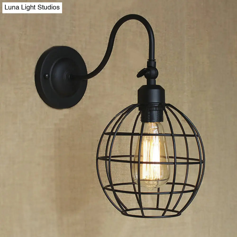 Retro Style Black Globe Wall Mount Light With Gooseneck Arm - Bedroom Mini Lamp