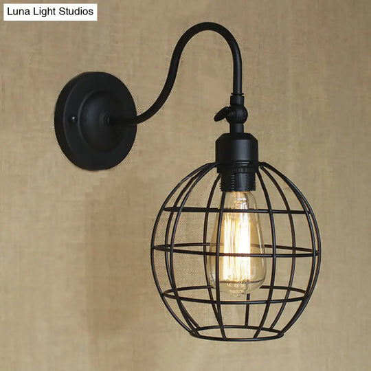 Retro Style Black Globe Wall Mount Light With Gooseneck Arm - Bedroom Mini Lamp