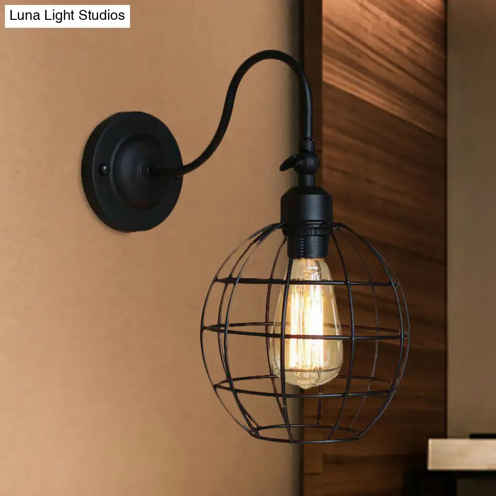 Retro Style Black Globe Wall Mount Light With Gooseneck Arm - Bedroom Mini Lamp