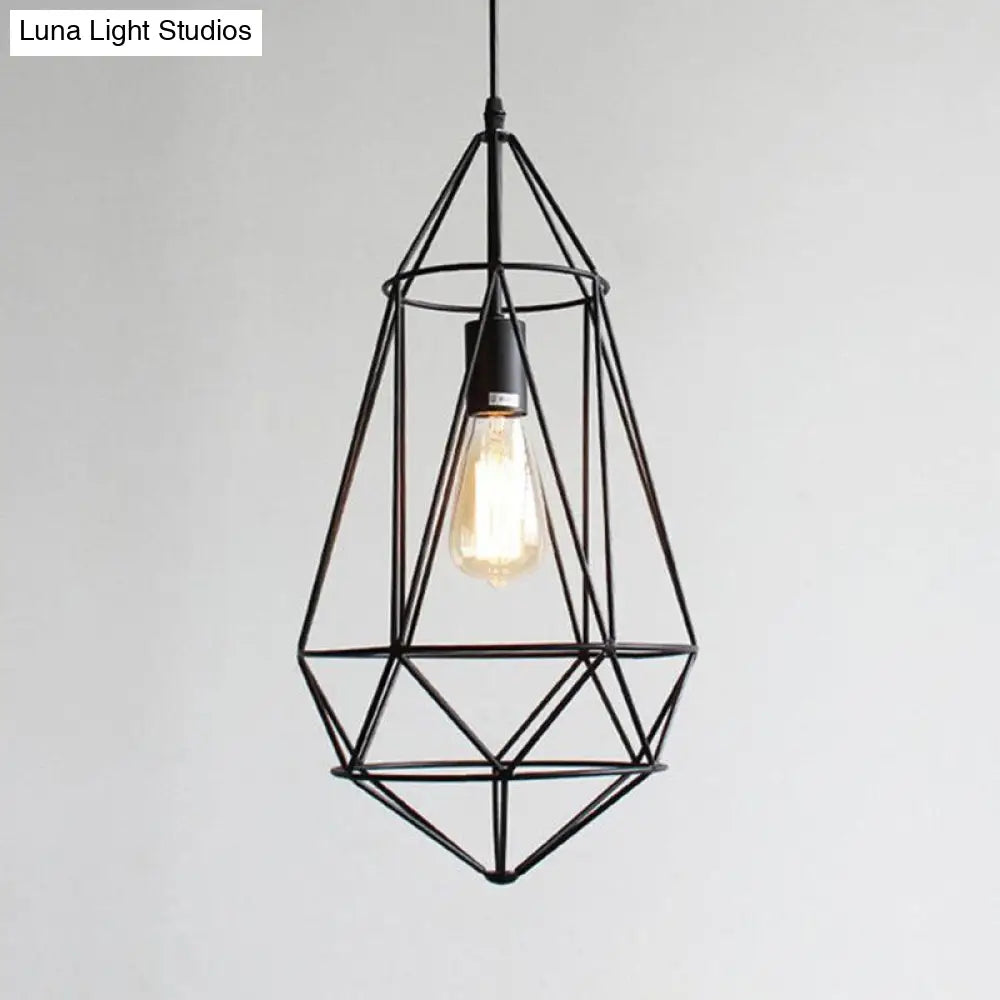 Retro Style Iron Pendant Light With Gemstone Frame For Restaurants - Black / D