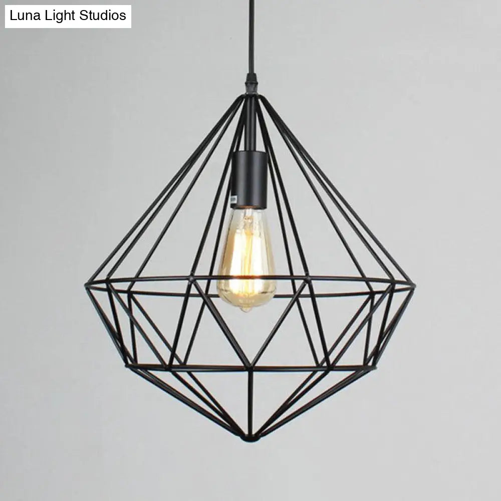 Retro Style Iron Pendant Light With Gemstone Frame For Restaurants - Black / B