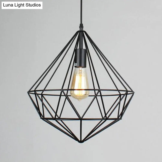 Retro Style Iron Pendant Light With Gemstone Frame For Restaurants - Black / B