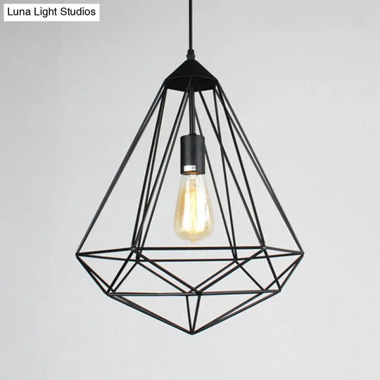 Retro Style Iron Pendant Light With Gemstone Frame For Restaurants - Black / C