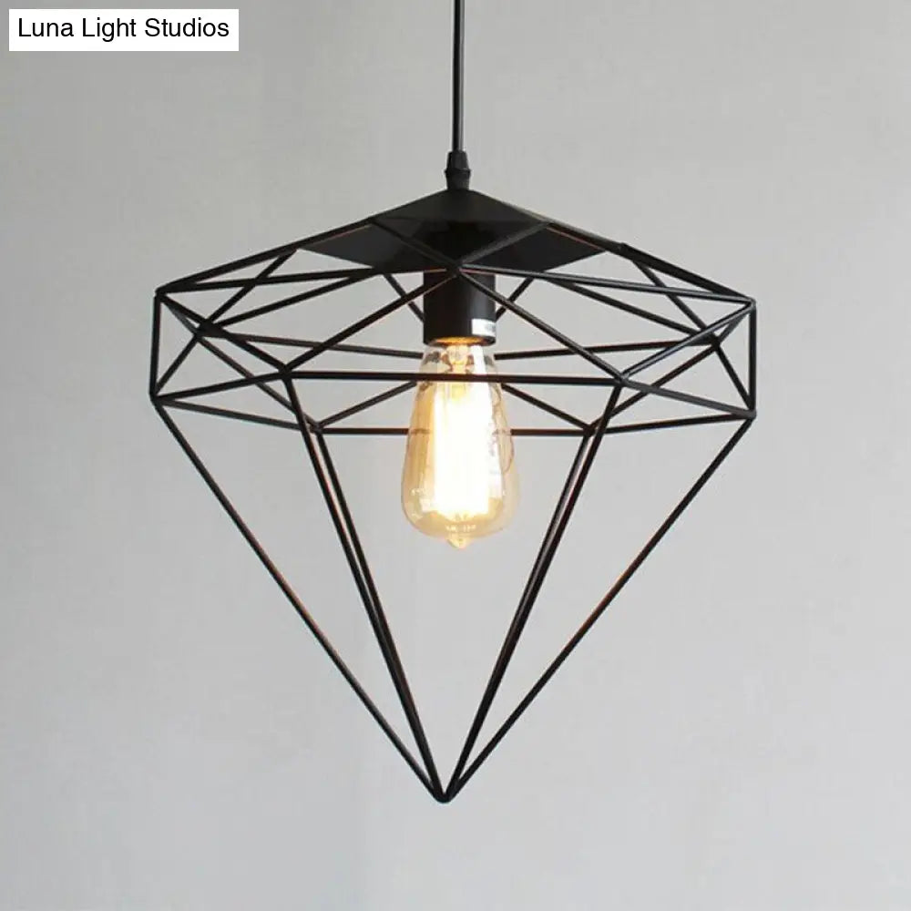 Retro Style Iron Pendant Light With Gemstone Frame For Restaurants - Black / A