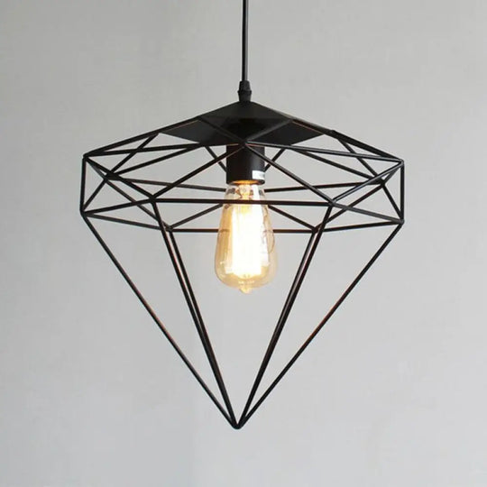 Retro Style Black Iron Gemstone Frame Pendant Ceiling Light For Restaurants - 1 Head Suspension