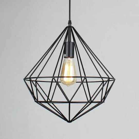 Retro Style Black Iron Gemstone Frame Pendant Ceiling Light For Restaurants - 1 Head Suspension