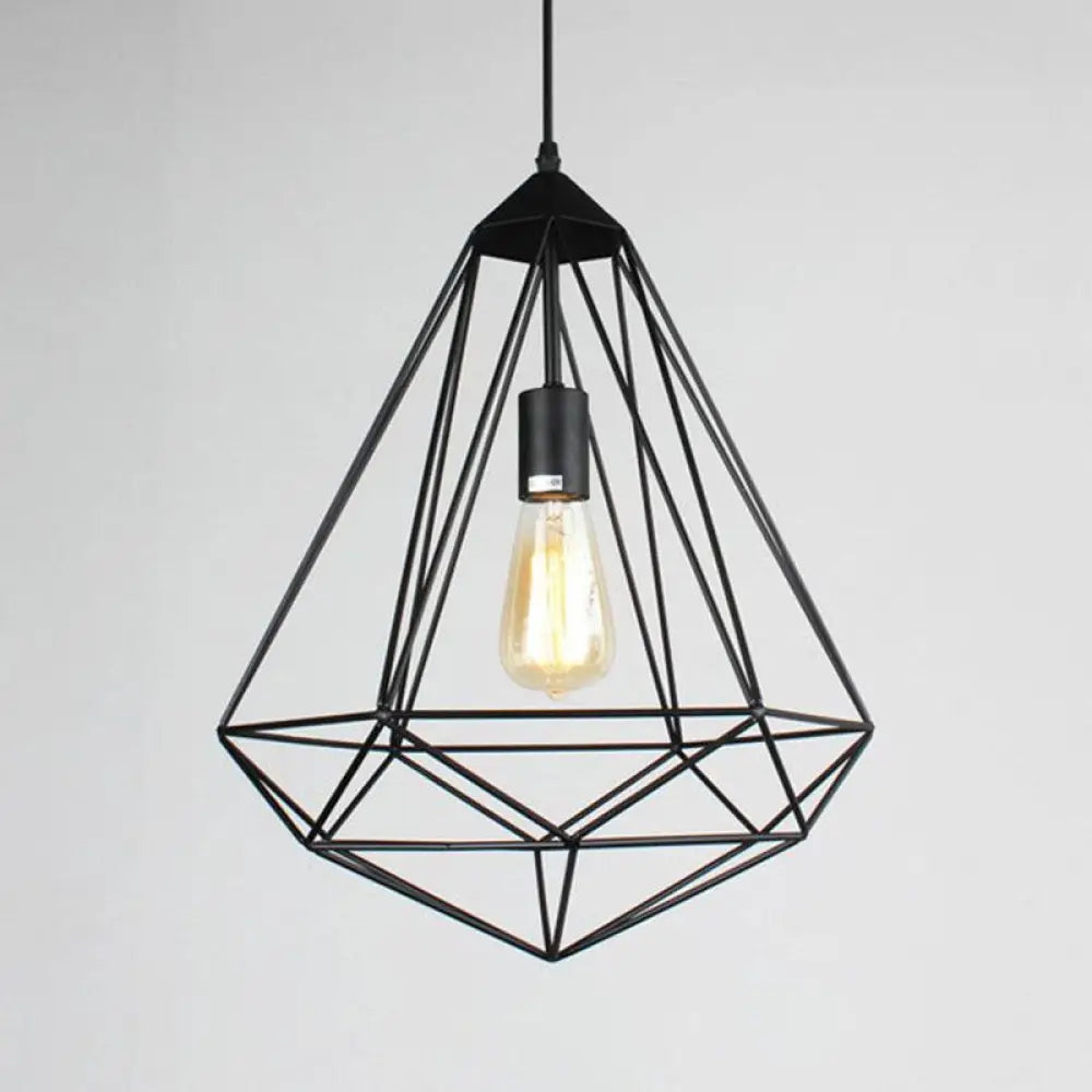 Retro Style Black Iron Gemstone Frame Pendant Ceiling Light For Restaurants - 1 Head Suspension