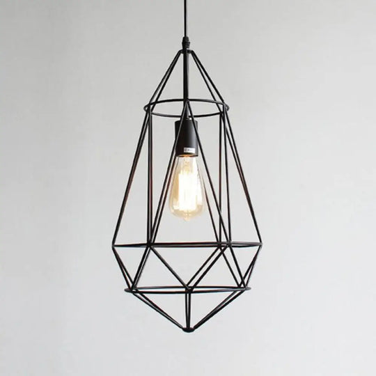 Retro Style Black Iron Gemstone Frame Pendant Ceiling Light For Restaurants - 1 Head Suspension