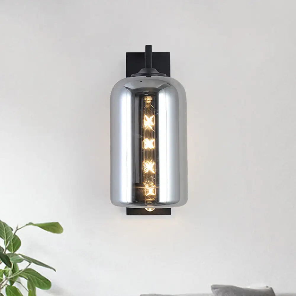 Retro Style Black Mason Jar Wall Sconce - Closed Glass Light With Arm