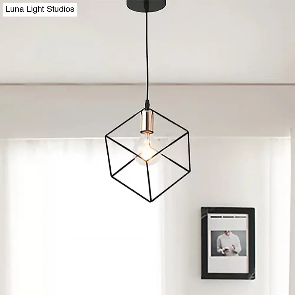 Retro-Style Black Metal Cage Ceiling Fixture For Living Room With 1 Squared Light