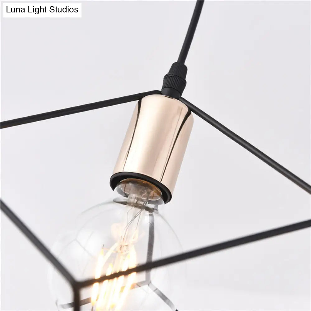 Retro-Style Black Metal Cage Ceiling Fixture For Living Room With 1 Squared Light