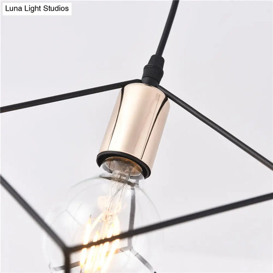 Retro-Style Black Metal Cage Ceiling Fixture For Living Room With 1 Squared Light