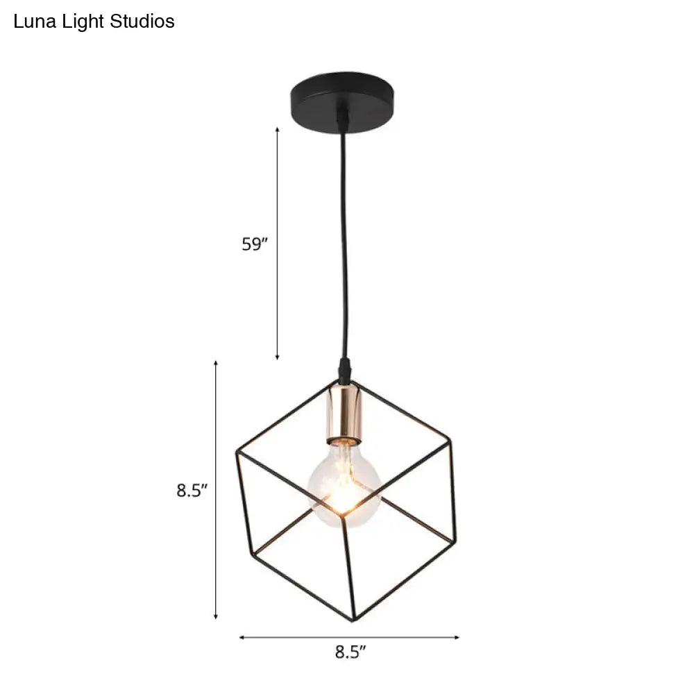 Retro-Style Black Metal Cage Ceiling Fixture For Living Room With 1 Squared Light