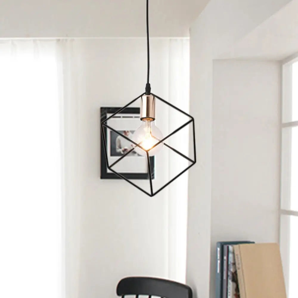 Retro-Style Black Metal Cage Ceiling Fixture For Living Room With 1 Squared Light