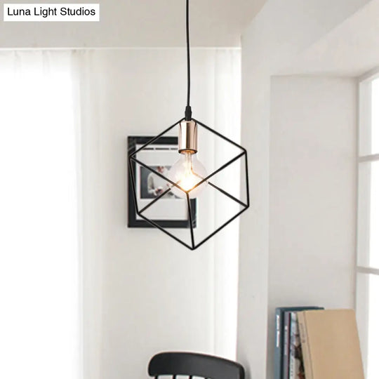 Retro Style Black Metal Cage Ceiling Light Fixture For Living Room - 1 Square Hanging