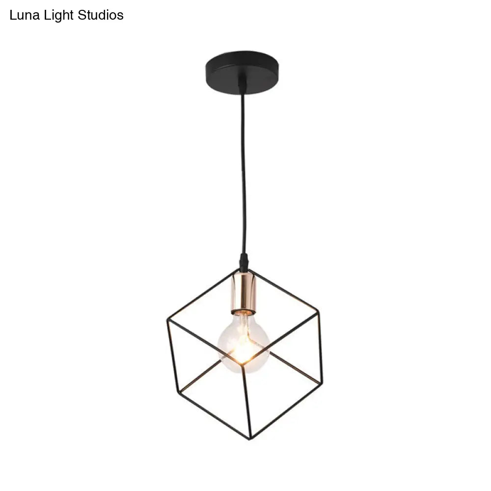 Retro-Style Black Metal Cage Ceiling Fixture For Living Room With 1 Squared Light