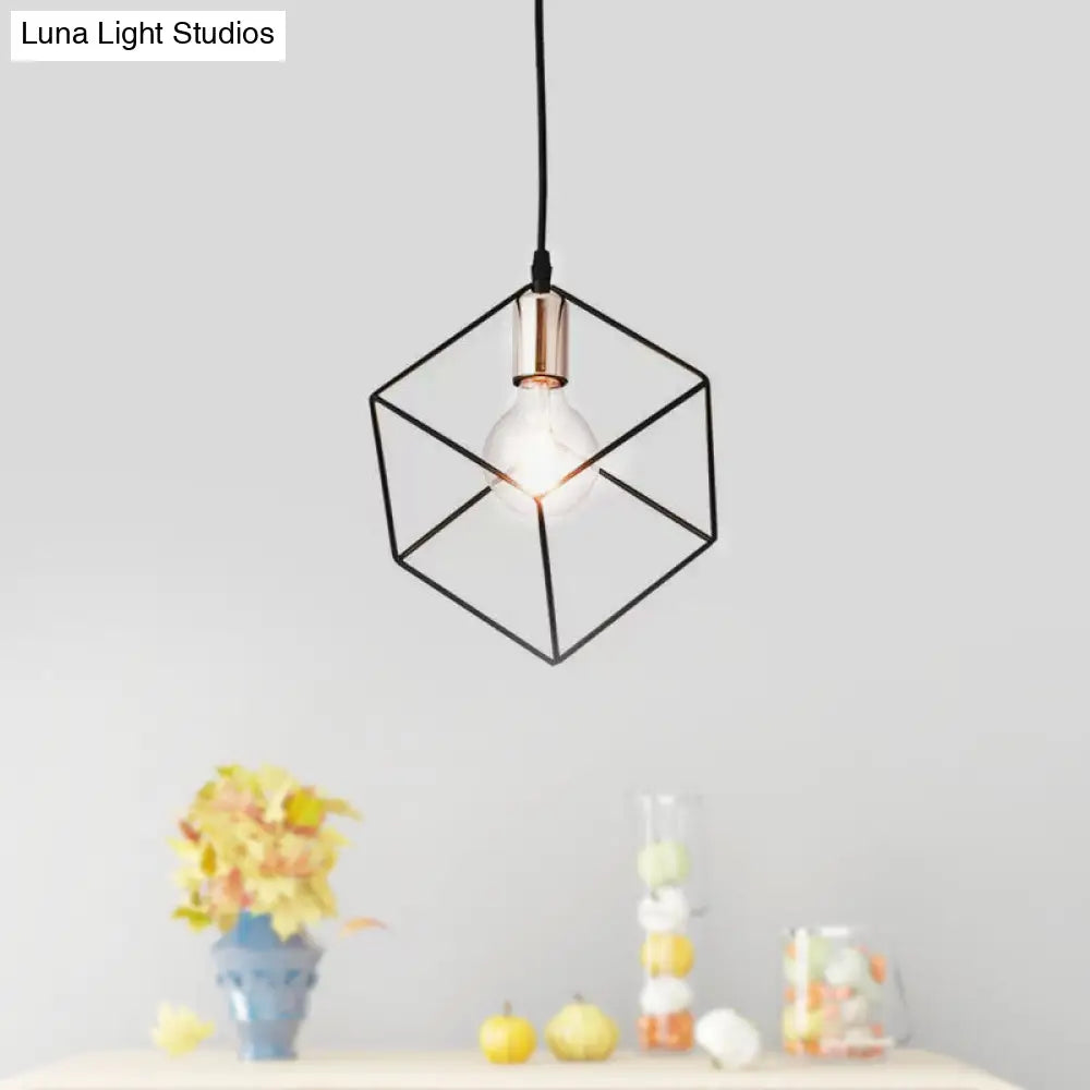 Retro Style Black Metal Cage Ceiling Light Fixture For Living Room - 1 Square Hanging