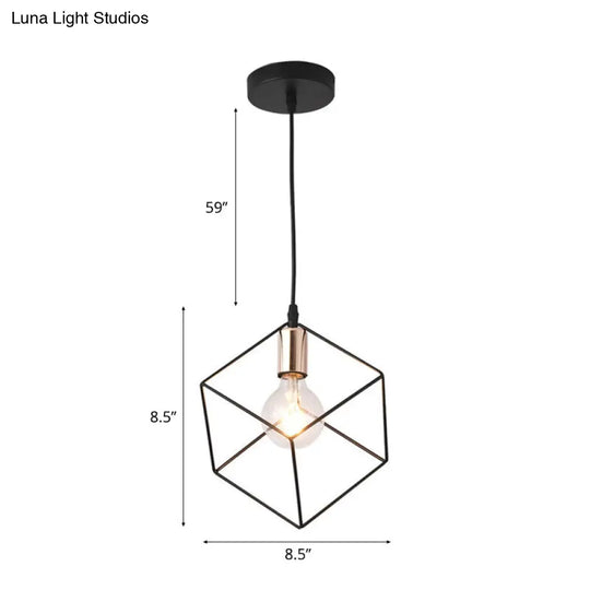 Retro Style Black Metal Cage Ceiling Light Fixture For Living Room - 1 Square Hanging