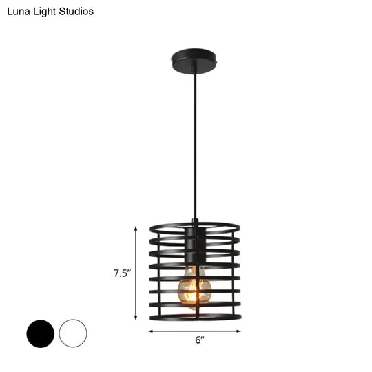 Adjustable Black/White Cage Pendant: Retro Stylish Metal Lamp With Height-Adjustable Hanging - 1