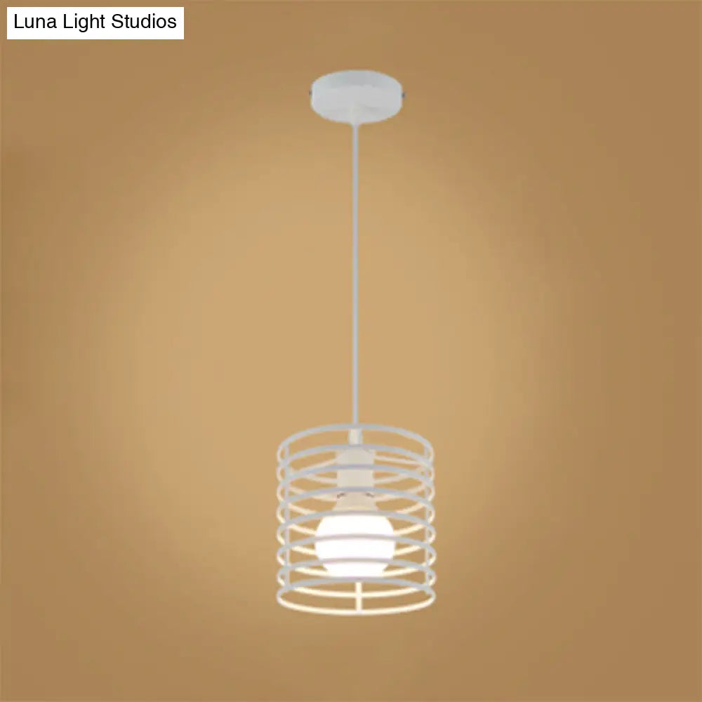 Retro Style Black/White Cylinder Cage Pendant Ceiling Lamp - Adjustable Height Indoor Metal Hanging