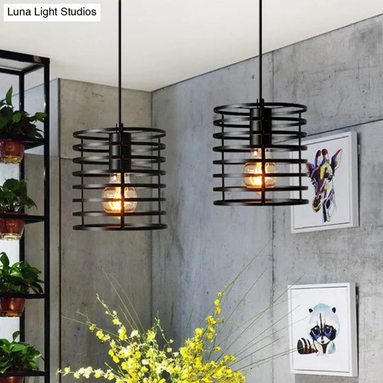 Retro Style Black/White Cylinder Cage Pendant Ceiling Lamp - Adjustable Height Indoor Metal Hanging