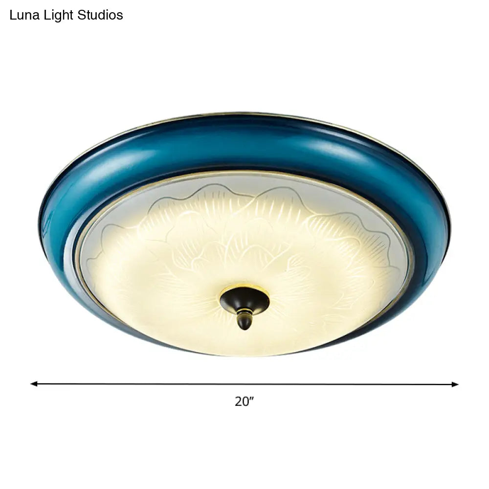 Retro Style Blue Glass Led Flushmount Light For Bedroom 16/20 Wide