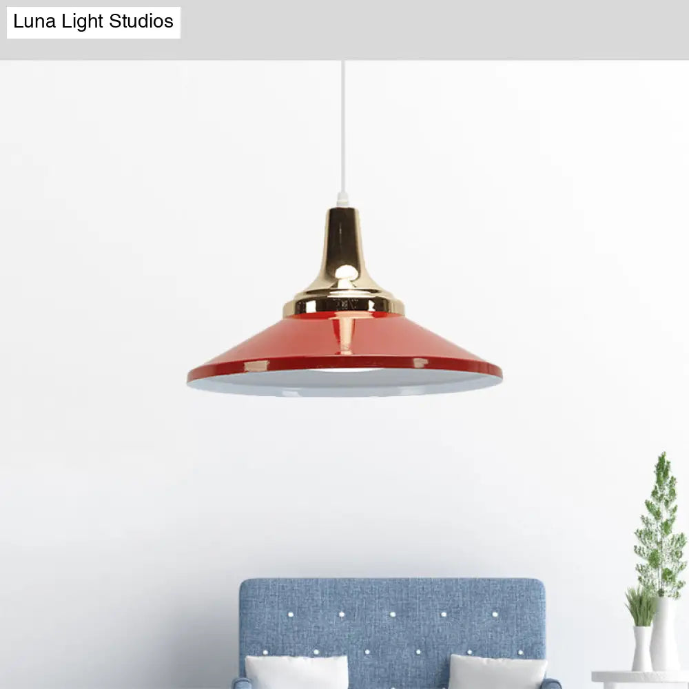 Retro Style Blue/Green Pendant Light With Metallic Cone Shade For Bedside