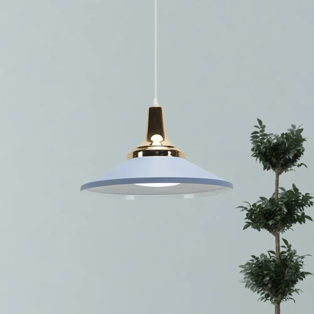 Retro Style Blue/Green Pendant Light With Metallic Cone Shade For Bedside Blue