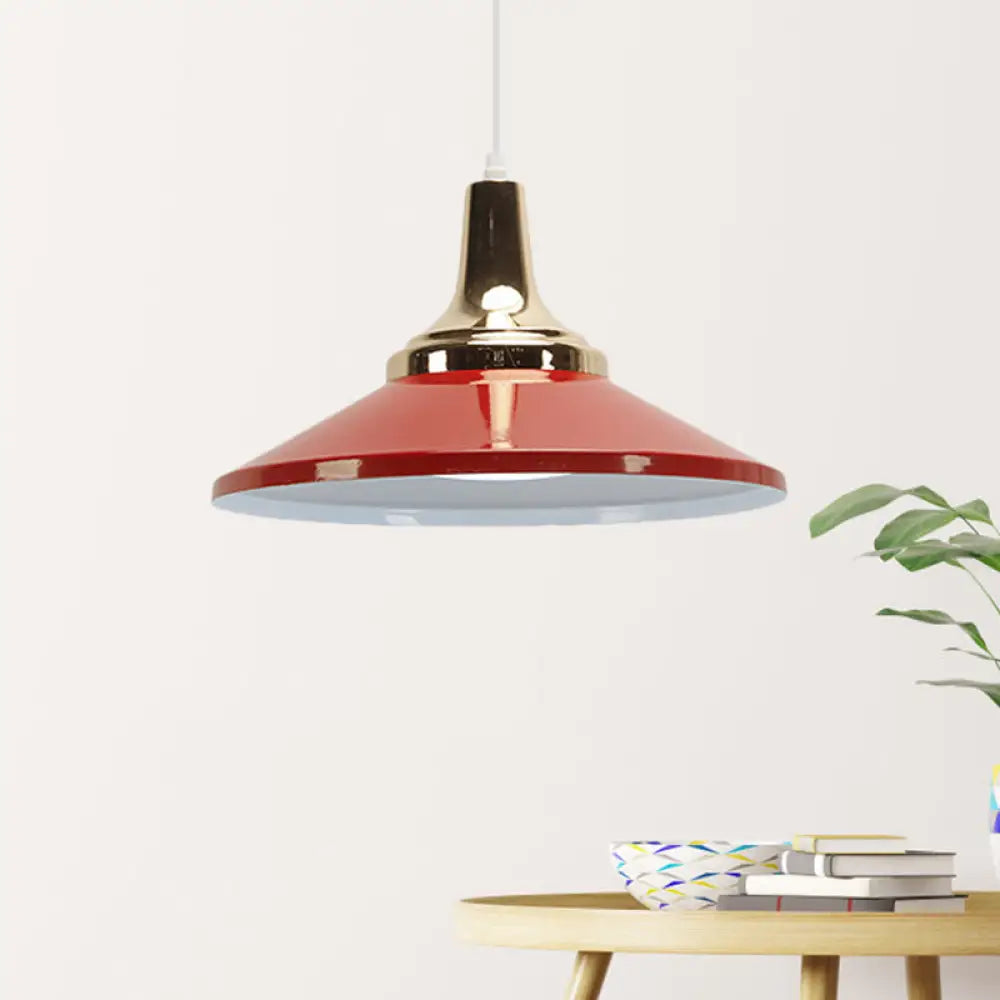 Retro Style Blue/Green Pendant Light With Metallic Cone Shade For Bedside Red