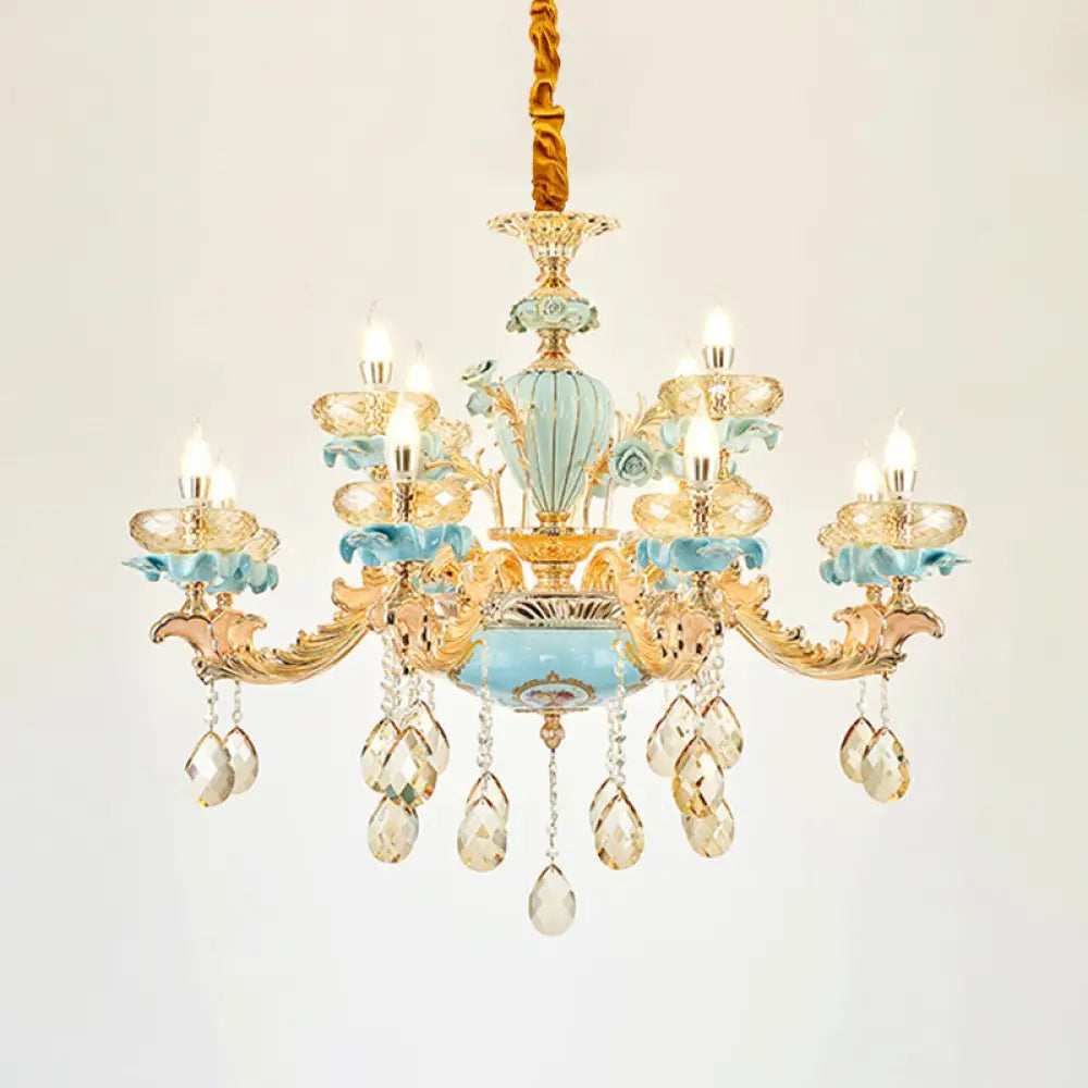 Retro Style Blue Suspension Light With Crystal Facets - Living Room Chandelier 12 /