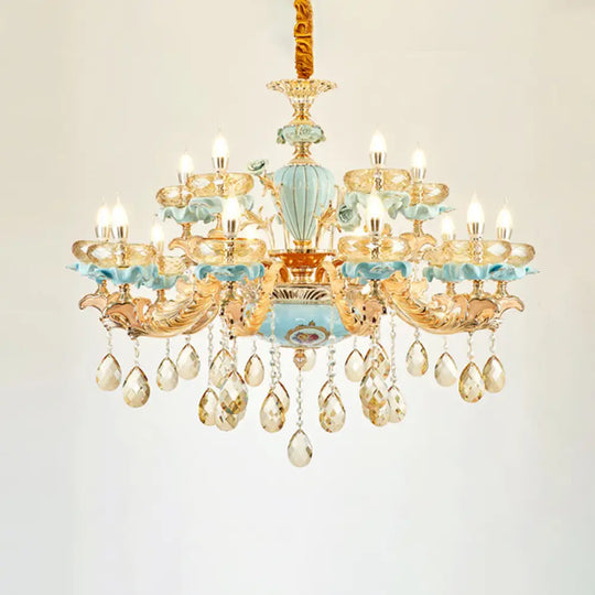 Retro Style Blue Suspension Light With Crystal Facets - Living Room Chandelier 15 /