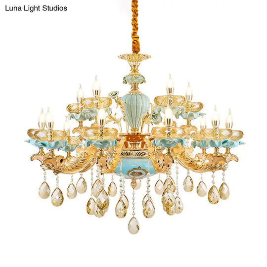 Retro Style Blue Suspension Light With Crystal Facets - Living Room Chandelier