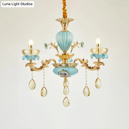 Retro Style Blue Suspension Light With Crystal Facets - Living Room Chandelier