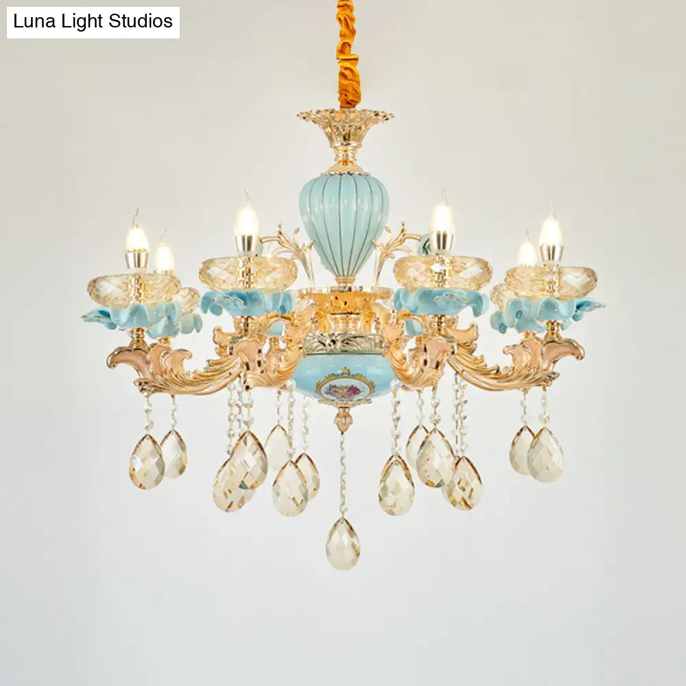 Retro Style Blue Suspension Light With Crystal Facets - Living Room Chandelier