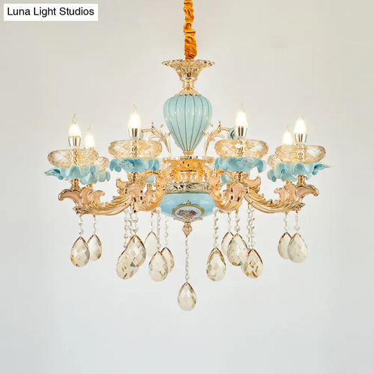 Retro Style Blue Suspension Light With Crystal Facets - Living Room Chandelier