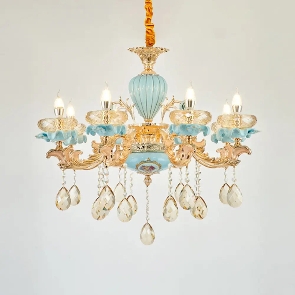 Retro Style Blue Suspension Light With Crystal Facets - Living Room Chandelier 8 /