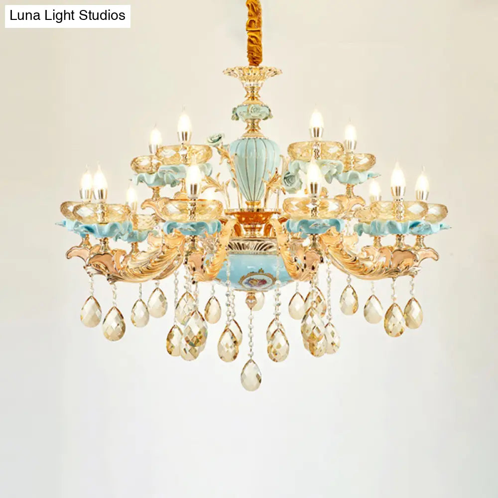 Retro Style Blue Suspension Light With Crystal Facets - Living Room Chandelier