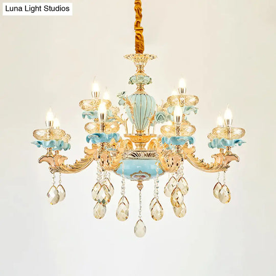 Retro Style Blue Suspension Light With Crystal Facets - Living Room Chandelier