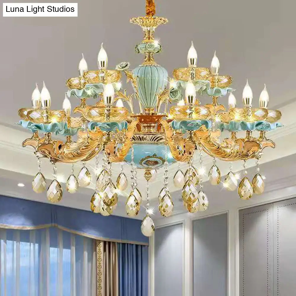 Retro Style Blue Suspension Light With Crystal Facets - Living Room Chandelier