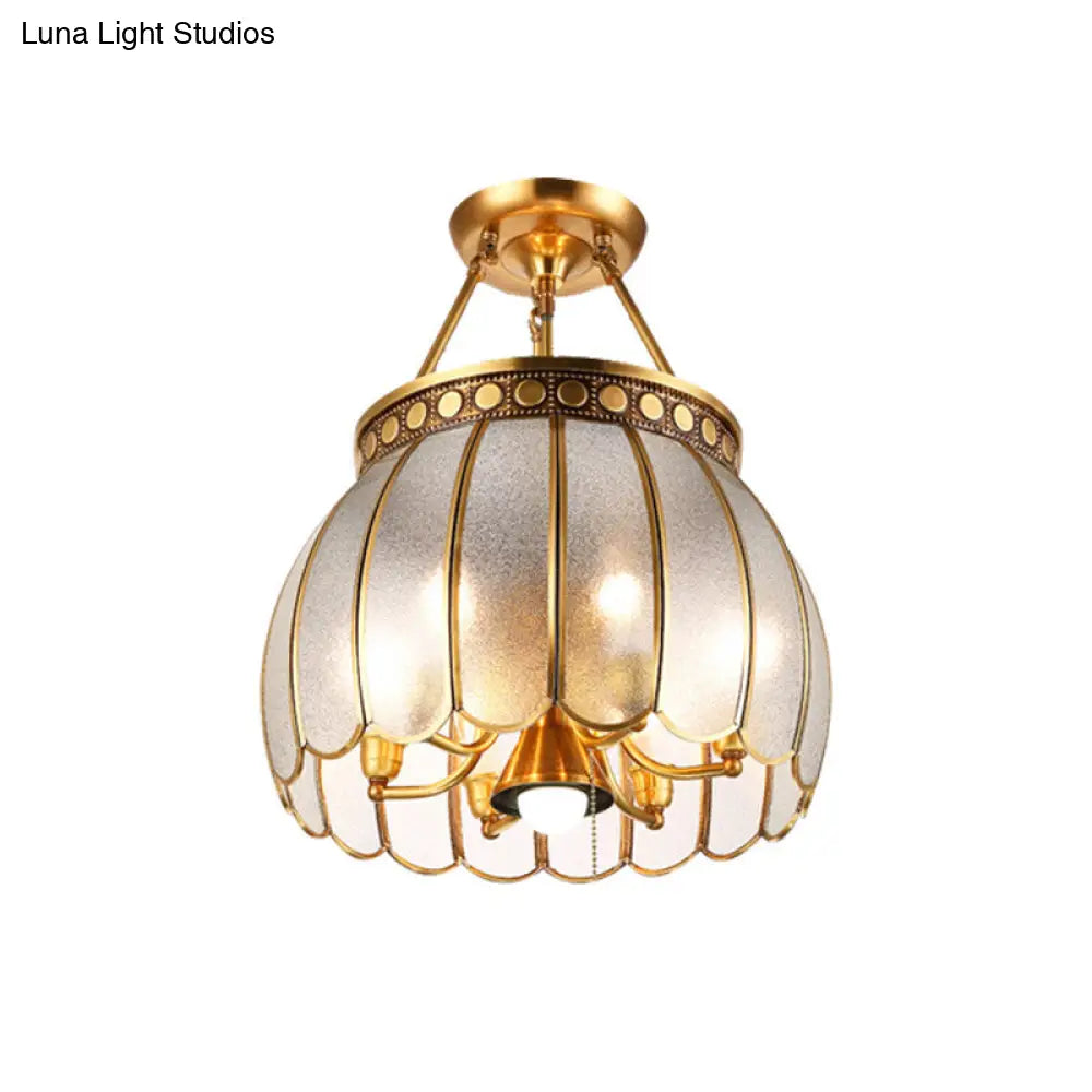 Retro Style Brass Finish Ceiling Lamp - Sphere Semi Flush Light With Frosted Glass Pull Chain And 1