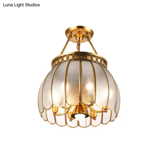 Retro Style Brass Finish Ceiling Lamp - Sphere Semi Flush Light With Frosted Glass Pull Chain And 1