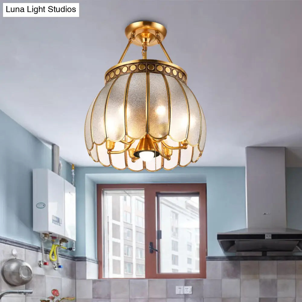 Retro Style Brass Finish Ceiling Lamp - Sphere Semi Flush Light With Frosted Glass Pull Chain And 1